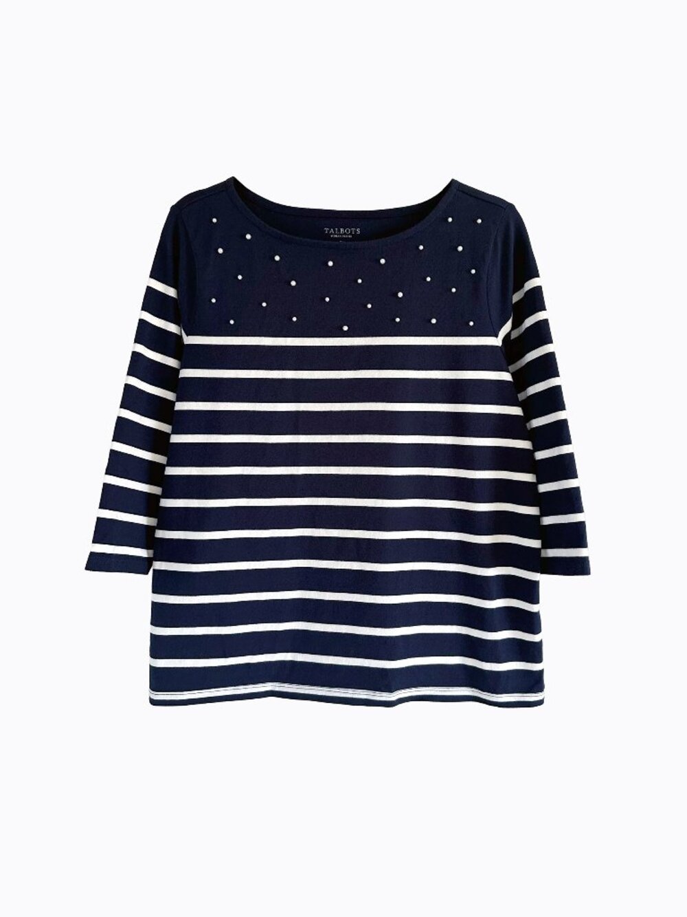 Talbots Pearl Stripe Top 1XP Plus Petite Navy Bateau 3/4 Sleeve Coastal Nautical